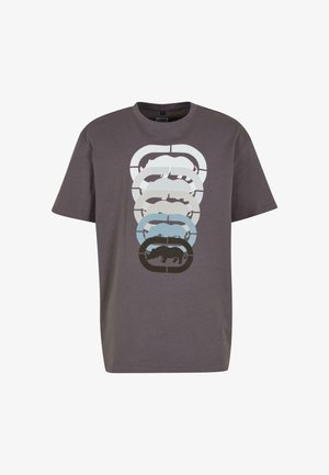 Grijze katoenen T-shirt met een gelaagd grafisch ontwerp van neushoornvormen in witte, blauwe en grijze tinten, met een ronde halslijn en korte mouwen.