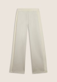 Pantaloni a gamba larga color crema con una consistenza liscia, dotati di una comoda vita elastica e strisce laterali a contrasto.
