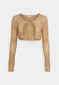 Cardigan corto lavorato a maglia di un oro metallico con maniche lunghe e chiusura frontale a gancio su uno sfondo bianco.