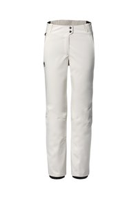 Pantalons de ski blancs avec une texture lisse, fermeture à bouton double, poches latérales, taille élastique et accents noirs au niveau des poignets.