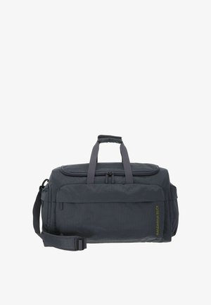 Sac de sport gris foncé en tissu texturé, avec doubles poignées, bandoulière réglable, fermeture éclair sur le dessus et poche avant avec logo.