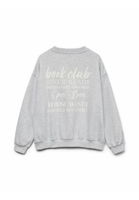 Pelēka džemperis ar brīvu piegriezumu, ar rievotām aprocēm un apakšu. Uz muguras ir teksts ar informāciju par grāmatu kluba sanākšanu.