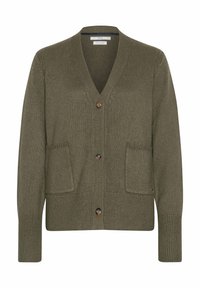 Olivgrüner gestrickter Cardigan mit V-Ausschnitt, zwei Taschen vorne und Knöpfen. Mit gerippten Bündchen und Saum sowie strukturierten Stoffdetails.