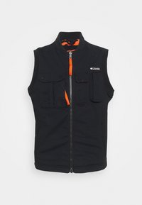 Black sleeveless vest with a front zipper, orange zipper pull, multiple front pockets, and a subtle logo on the upper left side.