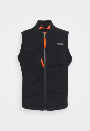 Gilet nero senza maniche con zip frontale, tirazip arancione, multiple tasche frontali e un logo discreto sulla parte superiore sinistra.
