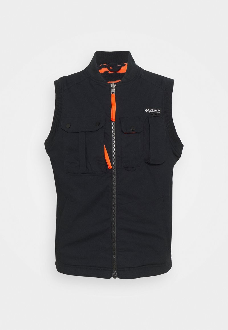 Black sleeveless vest with a front zipper, orange zipper pull, multiple front pockets, and a subtle logo on the upper left side.