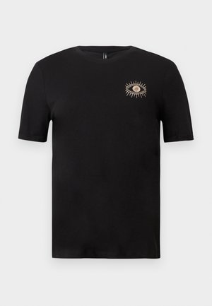 Tricou negru cu mâneci scurte, decolteu rotund și un mic model brodat bej în formă de ochi pe partea stângă a pieptului.