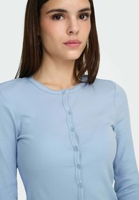 Haut à manches longues côtelé bleu clair avec un col rond et une patte de boutonnage à bords festonnés et cinq boutons. Texture douce.