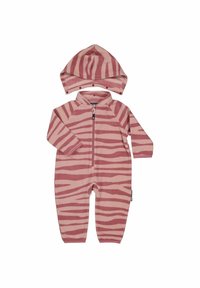Rosa randig babyoverall med dragkedja och matchande huva. Tillverkad av mjukt tyg, med långa ärmar och krage.