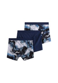 Three pairs of men's boxer briefs: one solid navy, two with abstract blue, black, and white marbled patterns. Cotton blend fabric, elastic waistband.