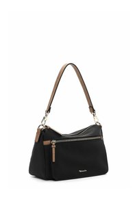 Black synthetic shoulder bag with a brown accent strap, zippered front pocket, and silver hardware. Smooth texture and structured shape.