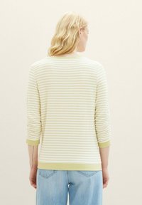 Hellgrünes und weiß gestreiftes Langarmshirt mit rundem Halsausschnitt und engen Bündchen, aus weichem Stoff und mit strukturierten horizontalen Streifen.