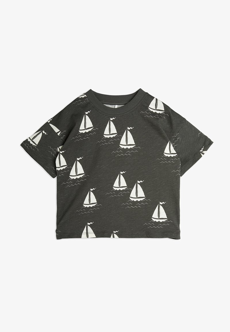 Dark gray short-sleeve t-shirt featuring a repeated pattern of white sailboats on waves. Soft, lightweight fabric with a crew neck design.