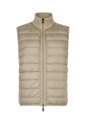 Beige gestepptes ärmelloses Weste mit Frontreißverschluss und geripptem Stehkragen, entworfen für Wärme und legere Trageweise.