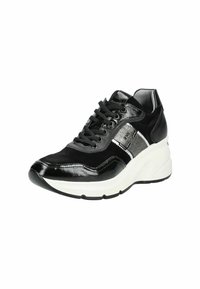 Black sneaker with a shiny patent leather and suede upper, featuring white accents, thick sole, and black laces. Round toe design.