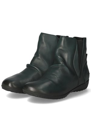 Dark green leather ankle boots with a smooth texture, rounded toe, elastic side panels, and a low, flexible rubber sole.