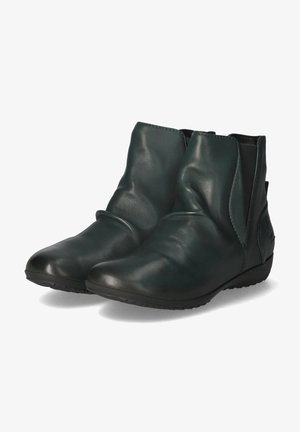 Bottes de cheville en cuir vert foncé avec une texture lisse, un bout arrondi, des panneaux latéraux élastiques et une semelle en caoutchouc flexible et basse.