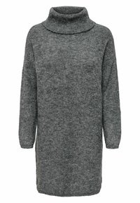 Rochie tricotată gri cu guler înalt, cu o croială lejeră, având mâneci lungi și un model texturat, potrivită pentru purtarea zilnică.