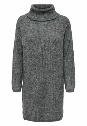 Hallkaelusega hall kleit, millel on lahedus, pikad varrukad ja tekstuuriga kudumimuster, sobib igapäevaseks kandmiseks.