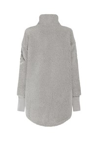 Vaaleanharmaa pitkähihaisen sherpa-fleeceneuletakin takaosa, jossa on korkea kaulus ja resorireunukset, valkoisella taustalla.