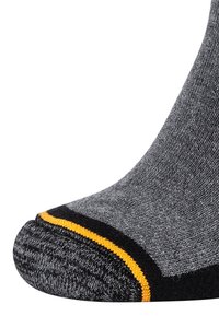 Graue Thermosocke mit verstärktem Zehenbereich und gelb-schwarzen Streifen am Bund. Die Strukturstrickung sorgt für Haltbarkeit und Komfort.