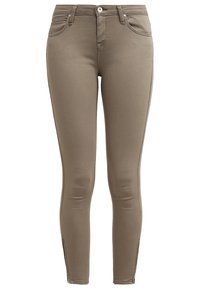 Chude spodnie w oliwkowym kolorze, wykonane z elastycznego materiału. Posiadają klasyczny design pięciu kieszeni oraz zamek błyskawiczny z zapięciem na guzik.