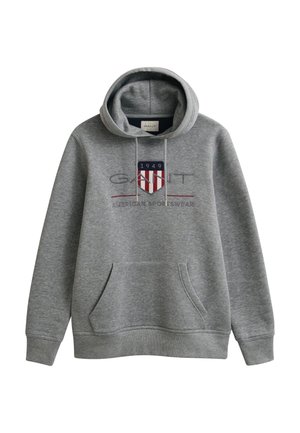 Felpa grigia con cappuccio, tasca frontale a marsupio, coulisse e logo "GANT 1949 American Sportswear" rosso, bianco e blu sul petto.
