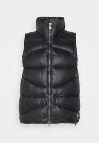 Gilet in puffer nera con collo alto, chiusura zip frontale e design trapuntato. Presenta una finitura lucida e tasche laterali. Leggera e senza maniche.