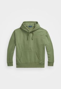 Oliveová zelená mikina s kapucí vyrobená z bavlněné směsi, s přední kapsou, žebrovanými manžetami a výšivkou loga na hrudi.