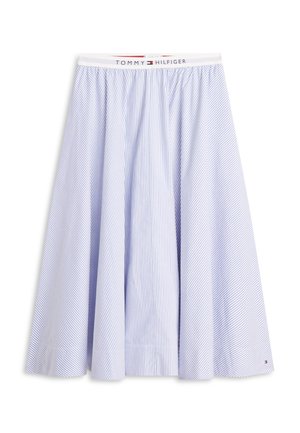Hellblauer und weiß gestreifter A-Linien-Rock mit gerafftem Bund und Tommy Hilfiger gebrandetem Taillenbund-Detail.