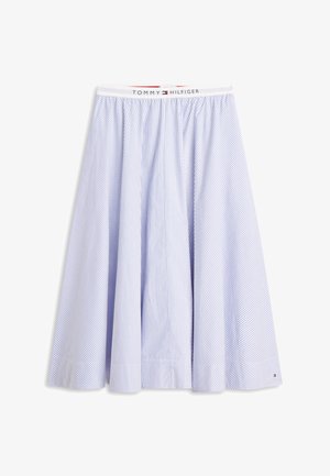 Hele sinine ja valge triibuline A-lõikeline seelik kogutud vöökohaga ja Tommy Hilfigeri bränditud vöö detailiga.