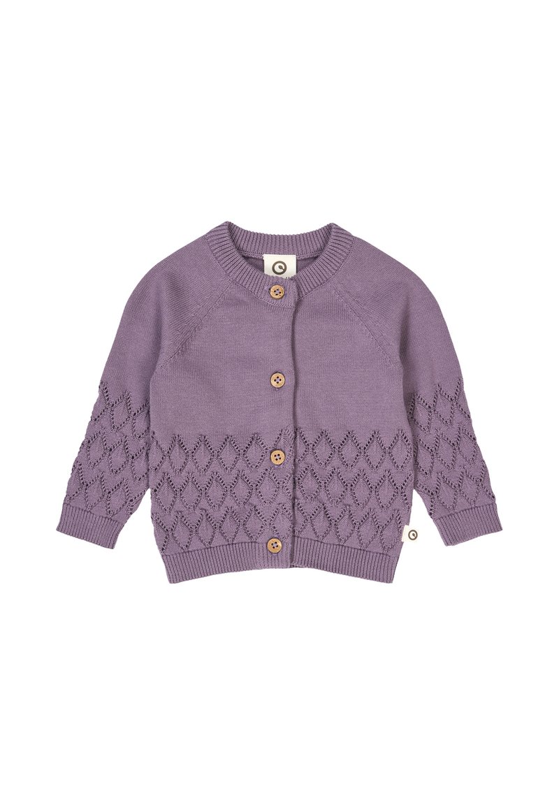 Cardigan lavorato a maglia viola con un motivo a pizzo a rombi sulle maniche, tre bottoni di legno e polsini e orlo a coste. Realizzato in tessuto morbido.