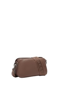 Brown leather crossbody bag with a rectangular shape, zip closure, and a textured strap. Features silver hardware accents.