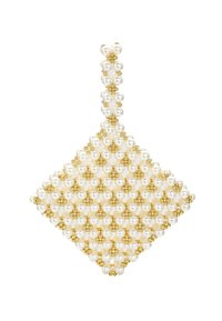 Pendente a forma di diamante realizzato con perle bianche e perline dorate, caratterizzato da un motivo a griglia con un prominente anello per il pendente.