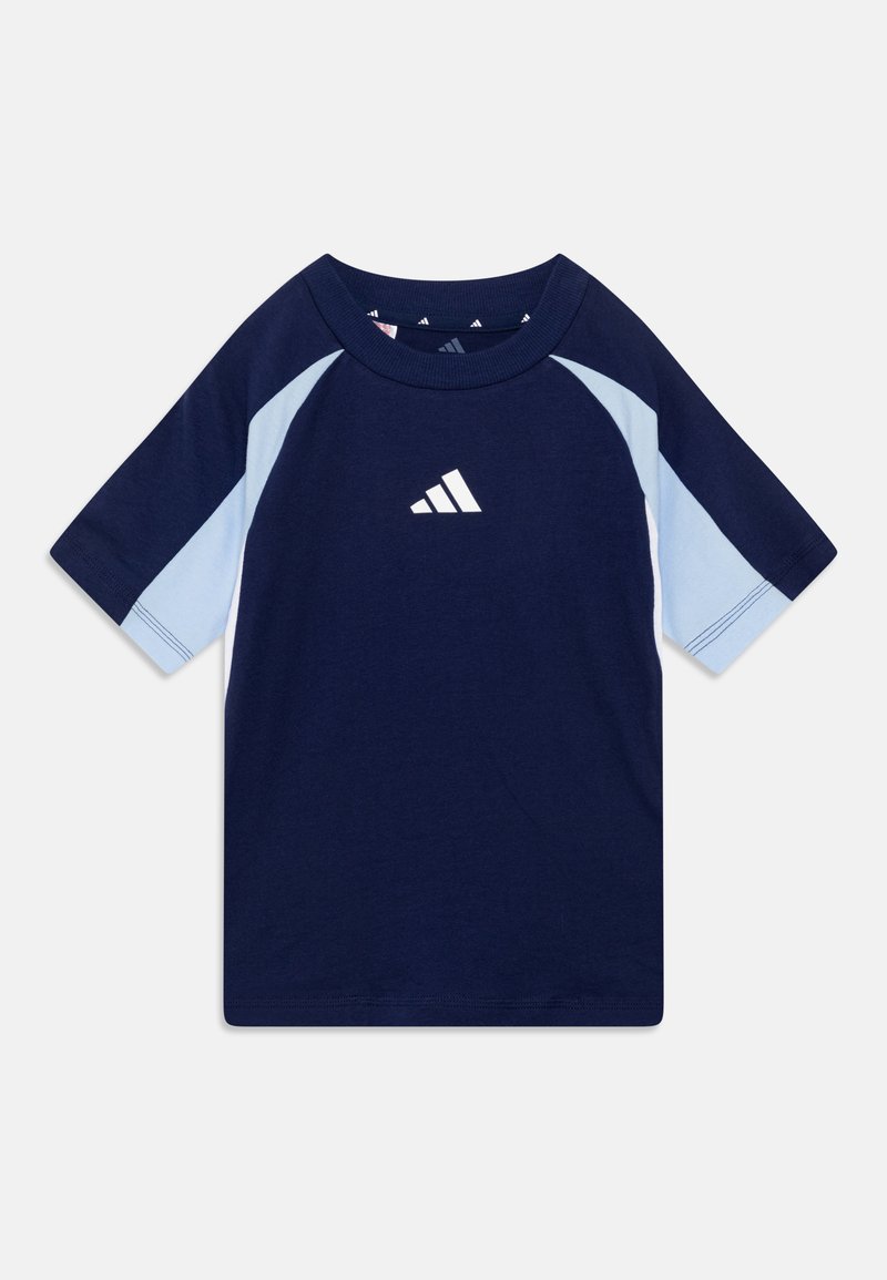 Navy blue cotton T-shirt with light blue raglan sleeves. Features a white Adidas logo on the front, round neck, and short sleeves.