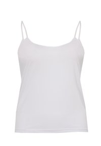 Weißes Tanktop mit dünnen Trägern, aus glattem Stoff gefertigt. Es zeichnet sich durch ein einfaches, ärmelloses Design und eine lässige Passform aus. Keine zusätzlichen Muster oder Akzente.