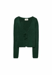 Cardigan verde corto con maniche lunghe, scollo a V e chiusura con legatura frontale. Realizzato in materiale morbido e di consistenza.