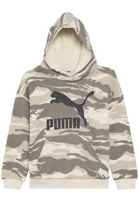 Felpa camouflage in tonalità beige e grigio, con una tasca frontale a marsupio e un grande logo Puma nero sul petto. Materiale in cotone misto.