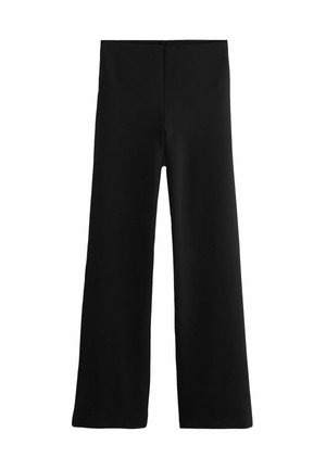 Pantalon noir à jambes larges avec une taille haute, sans fermetures visibles ni poches, présenté sur un fond blanc.