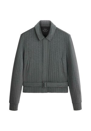 Giacca grigia a righe sottili con colletto, tasche frontali, maniche lunghe e cintura in tinta in vita, esposta su sfondo bianco.