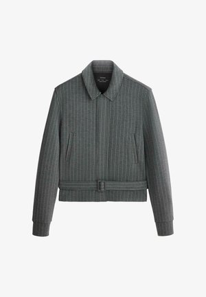 Gray pinstripe jacket with collar, front pockets, long sleeves, and a matching belt at the waist, displayed on a white background.