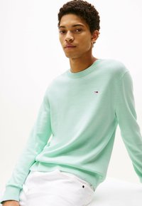 Mintgrüner Rundhalsausschnitt-Pullover aus weichem Material mit gerippten Bündchen und Saum. Kleines Logo-Detail auf der Brust, kombiniert mit weißen Hosen.