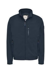 Dark navy softshell jacket with a stand-up collar, front zip, and two zippered side pockets. Features blue accents and a logo on the chest.