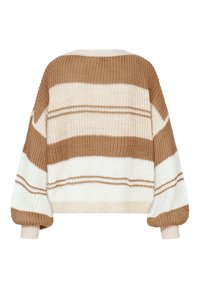 Übergroßer Strickpullover mit horizontalen Streifen in Braun und Creme, mit geripptem Rundhalsausschnitt und -ärmeln, strukturiertem Stoff für Wärme.