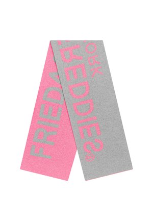 Two-tone scarf folded, one side pink with grey text, the other grey with pink text reading "FRIEDES."