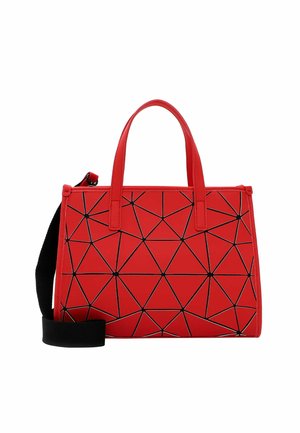 Rote geometrische Handtasche aus synthetischem Material, mit einem schwarzen, skizzierten dreieckigen Muster, doppelten Griffen und einem abnehmbaren Schulterriemen.