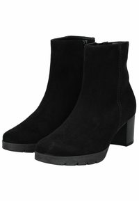 Stivaletti ankle in suede nero con tacco a blocco di altezza media, punta rotonda e zip laterale. Texture liscia e silhouette elegante.