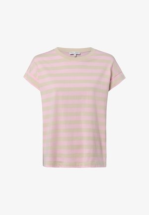 Kurzärmeliges Baumwoll-T-Shirt mit rosa und beigen horizontalen Streifen und einem Rundhalsausschnitt.