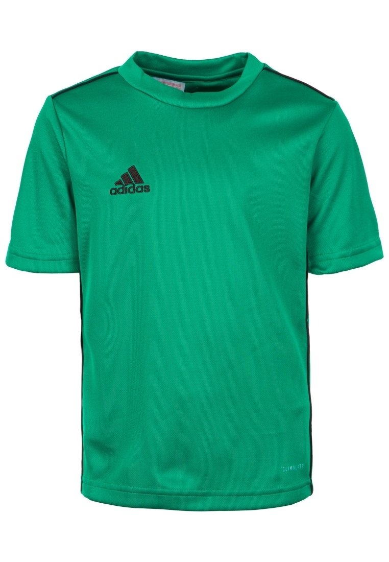 Zelené sportovní tričko Adidas s krátkým rukávem, s černým logem na hrudi a černými pruhy na ramenou a po stranách.