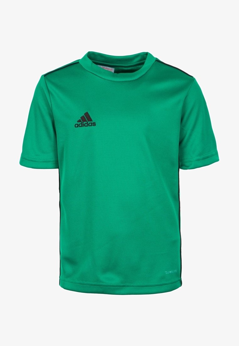 Zelené sportovní tričko Adidas s krátkým rukávem, s černým logem na hrudi a černými pruhy na ramenou a po stranách.